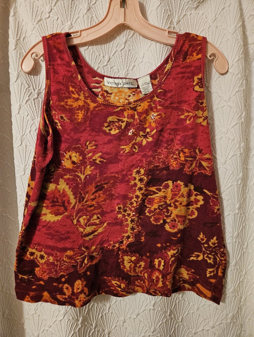 Red Floral Ribbed Tank Top